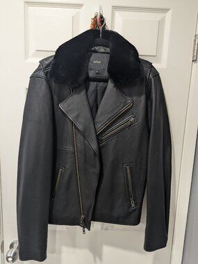 DSTLD Men's %100 Lambskin Leather Moto Jacket – Black Shearling Collar | Size M